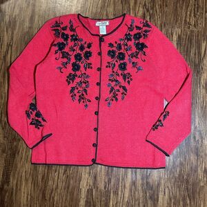 Vintage Tiara Floral Embroidered Beaded Button Front Cardigan Sweater Red Size S